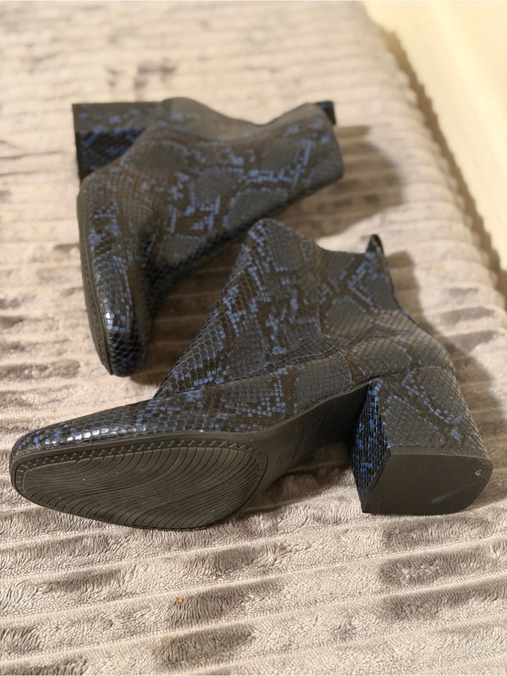Time and Tru Black and Blue Snake-Print Ankle Boots